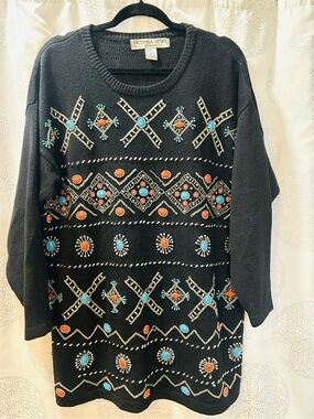 VTG Victoria Jones Beaded Black Sweater Tunic with Turquoise & Coral Women 2X